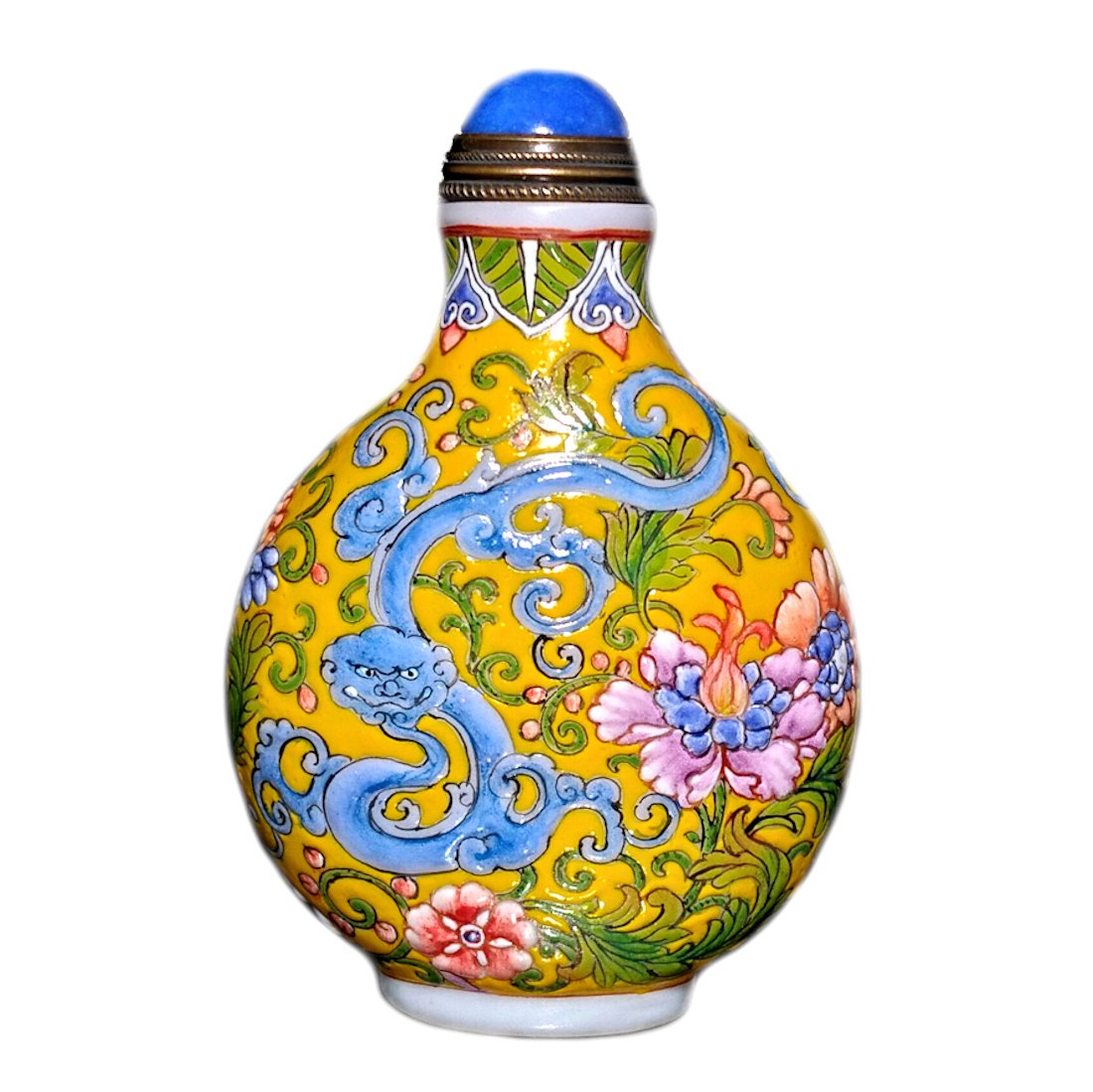 SUPERB SNUFF BOTTLE, BLUE DRAGON,  CHINESE, ENAMEL, YELLOW GROUND (1 of 6)