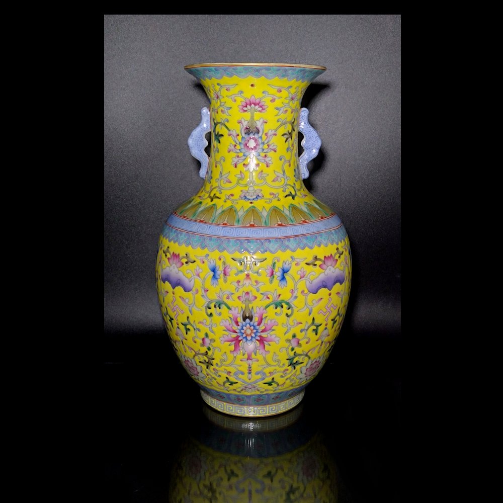 FABULOUS FAMILLE ROSE YELLOW GROUND QIANLONG MARK VASE (1 of 9)