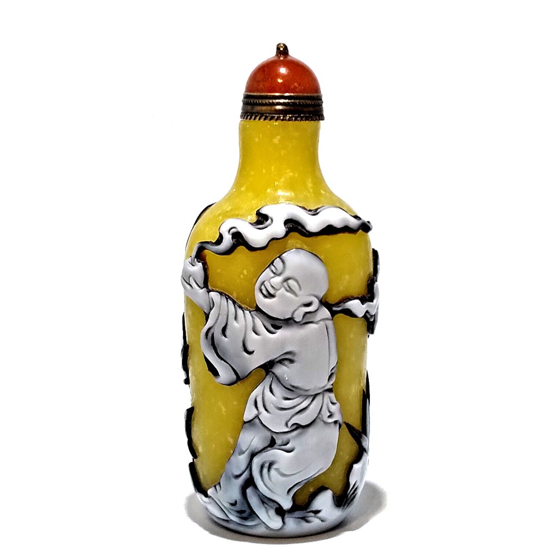 WONDERFUL PEKING GLASS SNUFF BOTTLE BUDDHIST QIANLONG: THIS VERY FINE BOTTLE IS CARVED ALL AROUND IN A CONTINUOUS DESIGN. IT FEATURES MONKS, ONE LIGHTING INSENCE. IT BEARS THE QIANLONG SEAL. THE BOTTLE IS 3 INCHES TALL. PROVENANCE: PRIVATE FLORIDACOLLECTO
