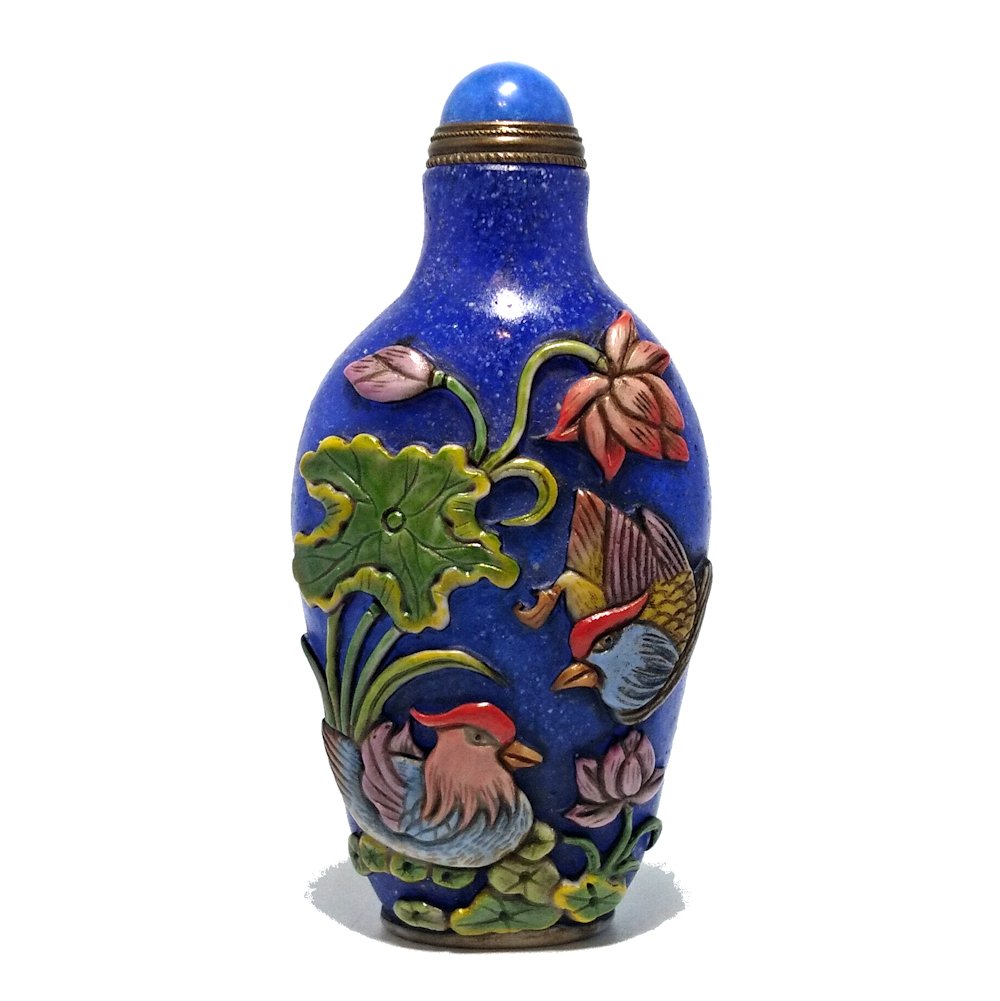 BEAUTIFUL CHINESE ENAMEL PEKING GLASS SNUFF BOTTLE  DUCKS CRABS (1 of 8)