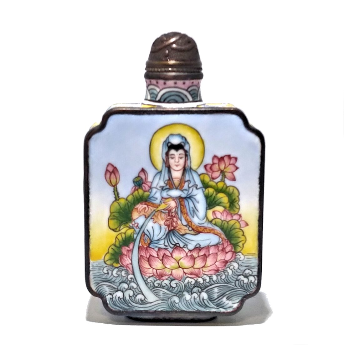 FINE ENAMEL ON COPPER SNUFF BOTTLE SIGNED GUANYIN POEM QIANLONG MARK (1 of 6)