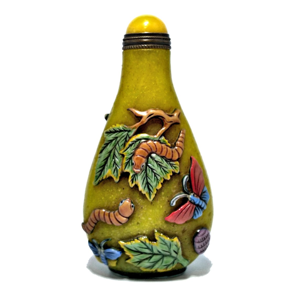 WONDERFUL YELLOW PEKING GLASS SNUFF BOTTLE SILK  MOTH QIANLONG MARK (1 of 8)