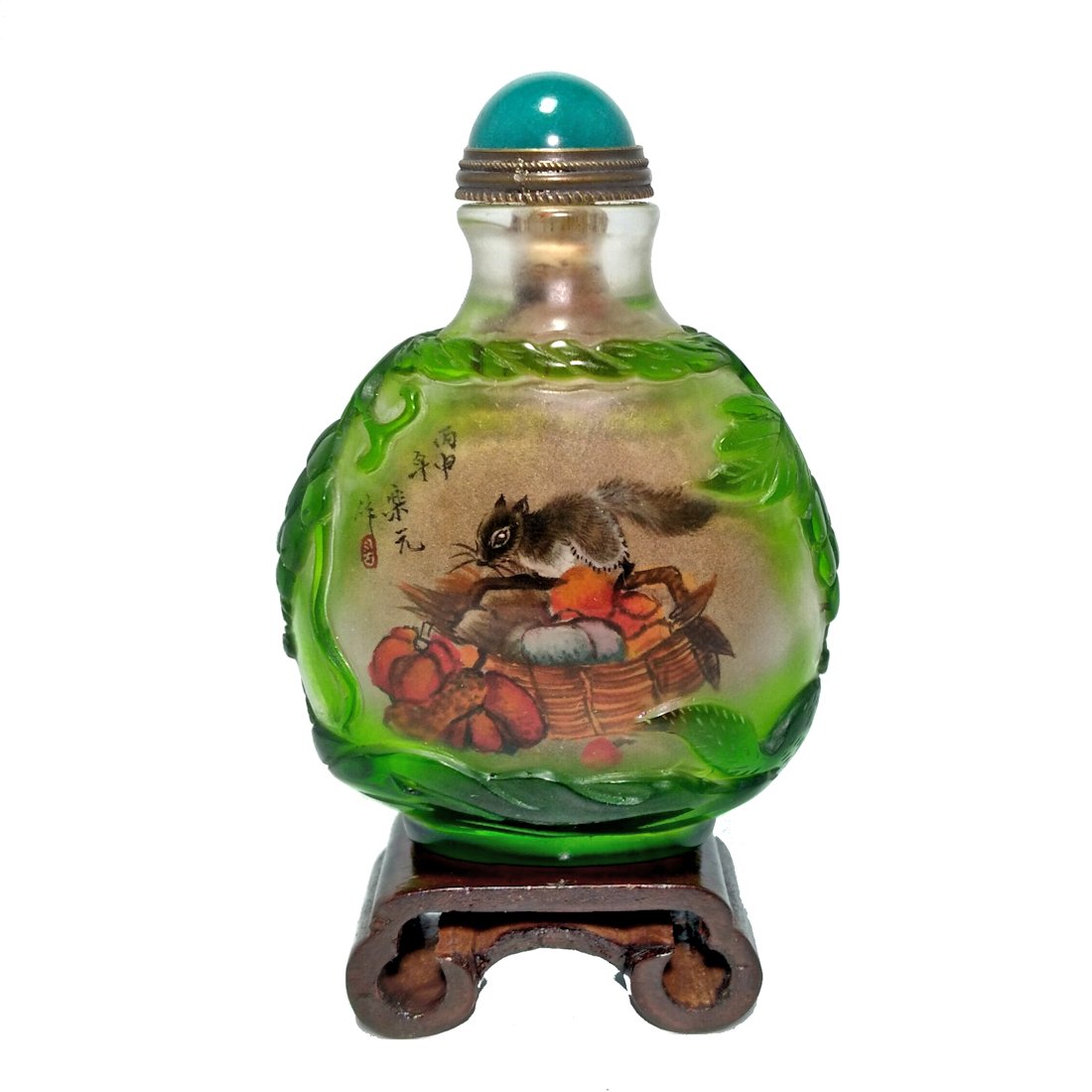 A FANTASTIC SIGNED SNUFF BOTTLE CARVED PEKING GLASS AND INSIDE PAINTED SQUIRRELS (1 of 6)