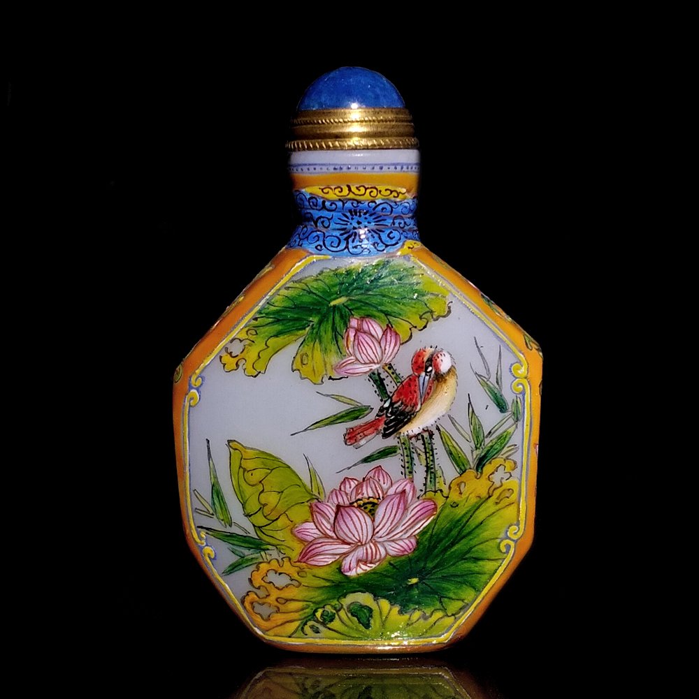 FINE DELICATE CHINESE ENAMEL PEKING GLASS SNUFF BOTTLE PEONIES BIRDS (1 of 8)
