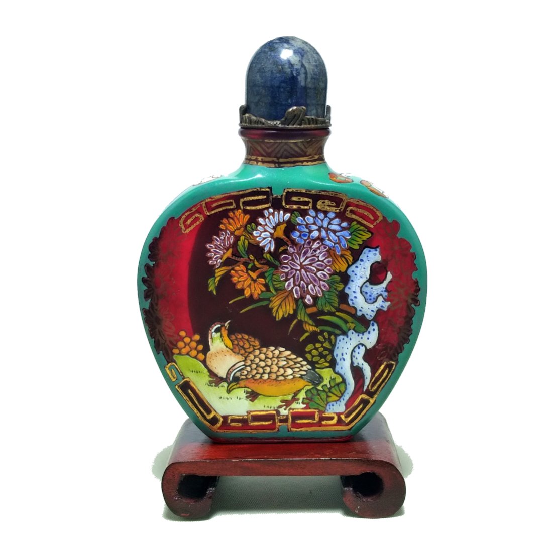 RARE AND FINE CHINESE PEKING GLASS ENAMELED SNUFF BOTTLE QUAILS BATS (1 of 9)