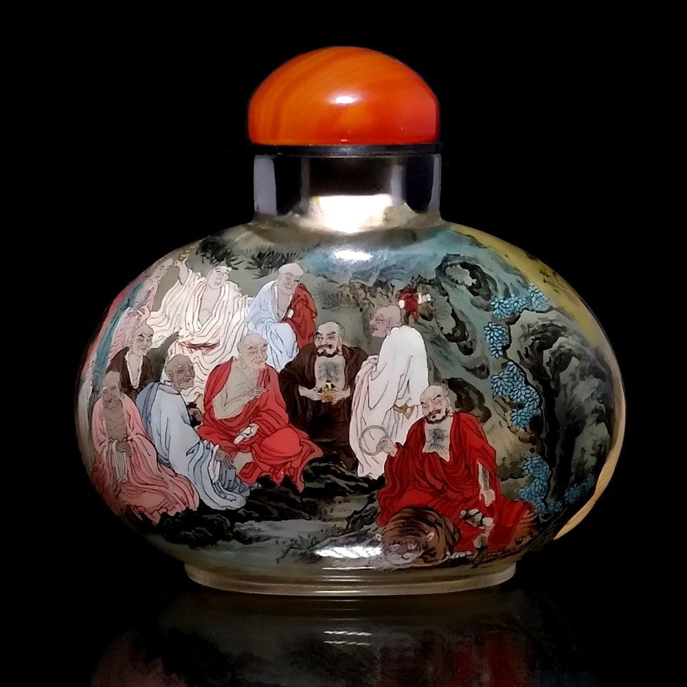 CHINESE INSIDE PAINTED SNUFF BOTTLE BY DONG JIANG 18 BUDDHIST LOHANS (1 of 8)