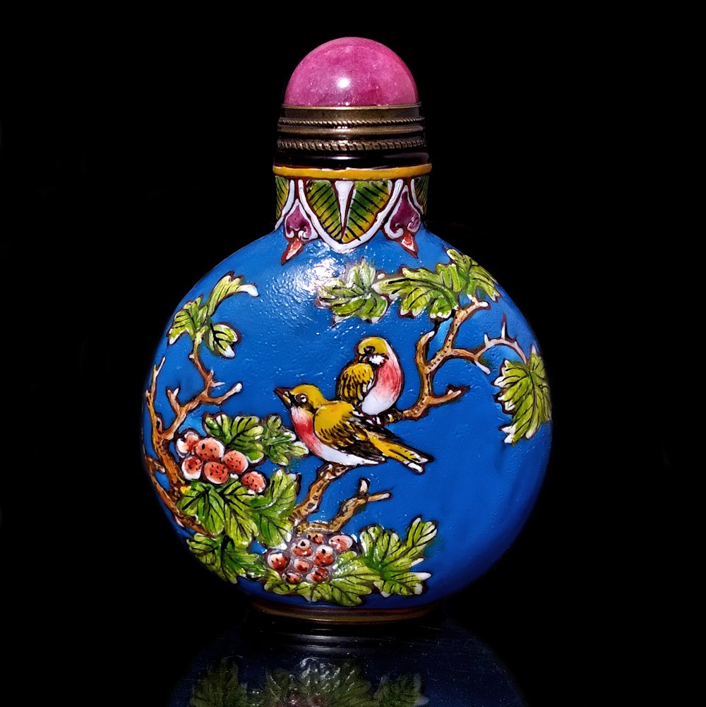 FINE ENAMEL ON GLASS SNUFF BOTTLE BIRDS FLOWER TREE QIANLONG MARK (1 of 8)