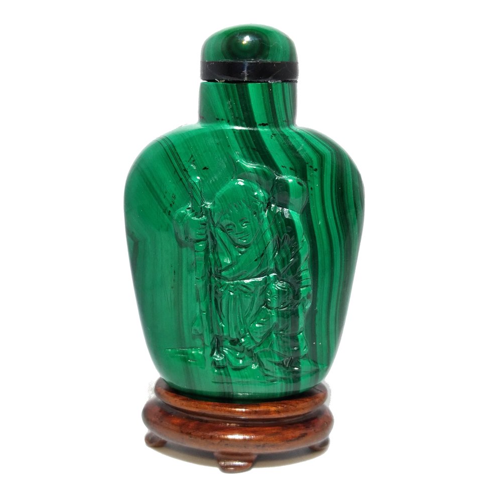 FINE CARVED ANTIQUE CHINESE MALACHITE SNUFF BOTTLE (1 of 9)