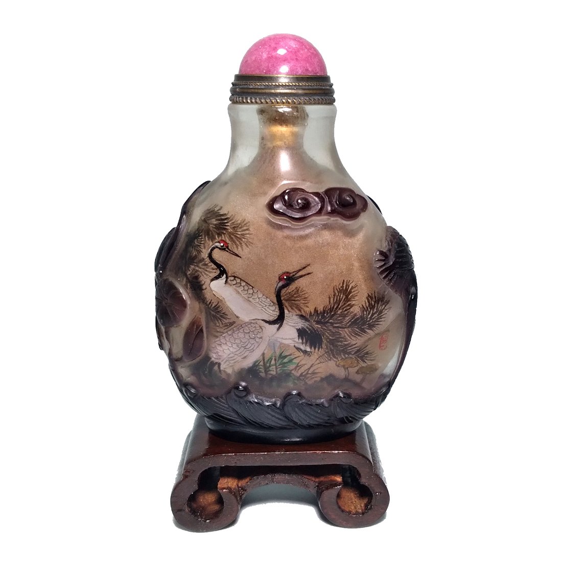 FINE CHINESE CARVED PEKING GLASS SNUFF BOTTLE SIGNED INSIDE PAINTED STORKS FLORA (1 of 8)