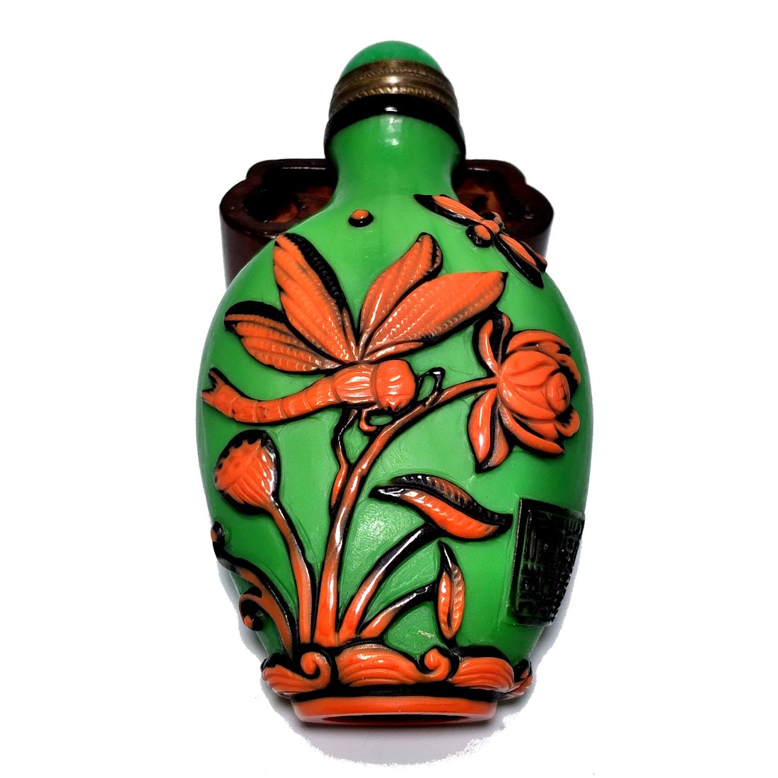 FANTASTIC CHINESE 3 RARE COLORS  SNUFF BOTTLE DRAGONFLY PEONY QIANLONG SEAL (1 of 9)