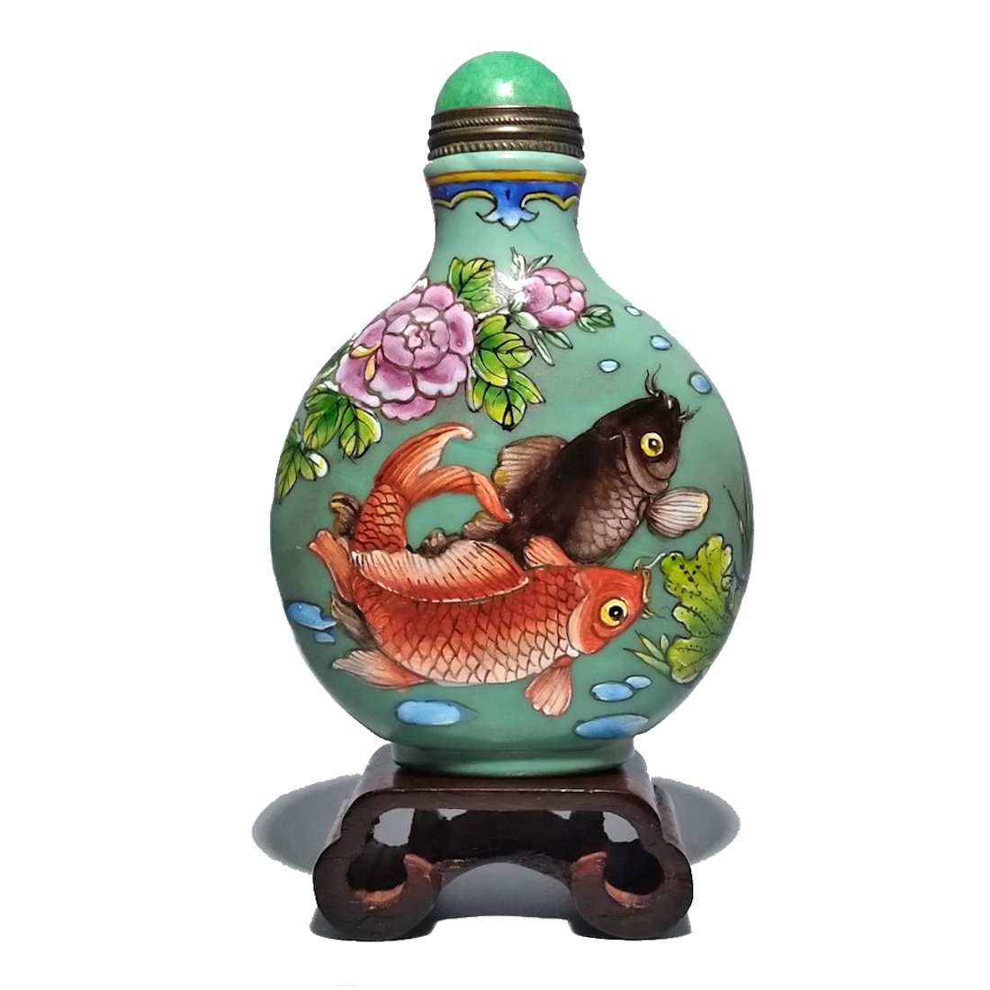 FABULOUS CHINESE ENAMEL SNUFF BOTTLE KOI FISH QIANLONG MARK (1 of 8)