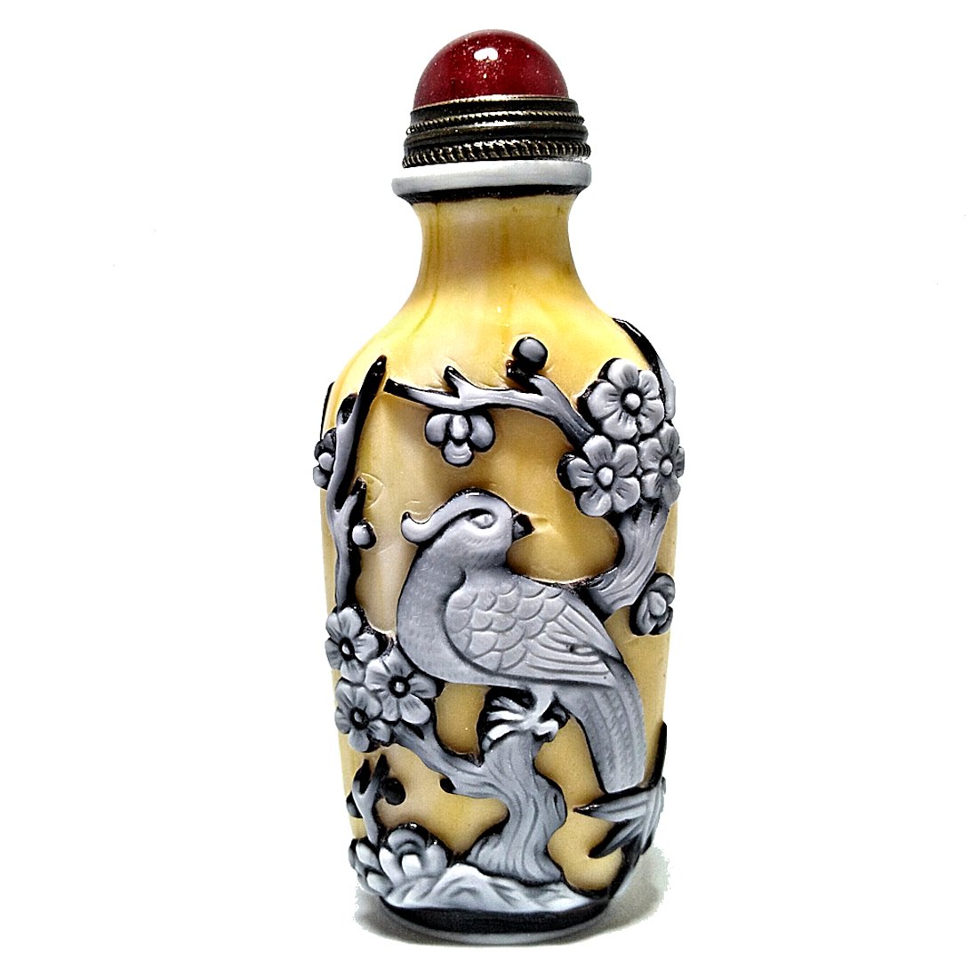 FINE CHINESE PEKING GLASS SNUFF BOTTLE BIRDS FLOWER TREE QIANLONG SEAL (1 of 6)