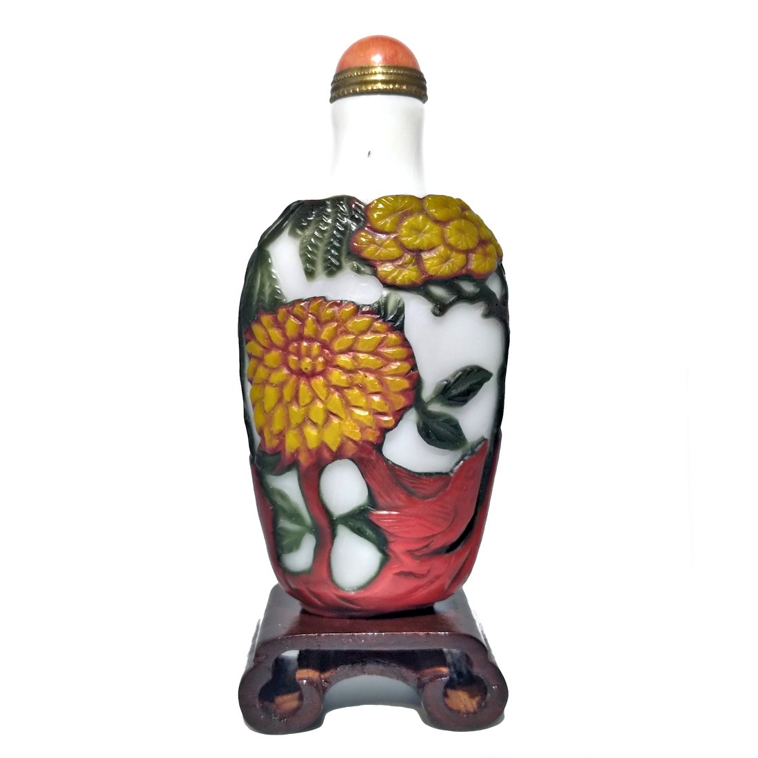 BEAUTIFUL CHINESE PEKING GLASS SNUFF BOTTLE 4 COLORS PEONIES BIRDS (1 of 9)