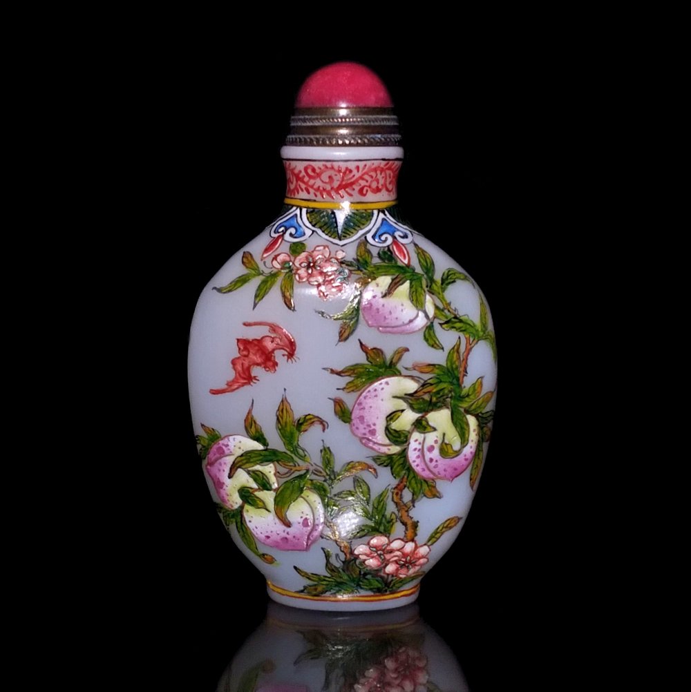 FABULOUS CHINESE  ENAMEL PEKING GLASS SNUFF BOTTLE QUAILS BATS PEONIES PEACHES (1 of 8)