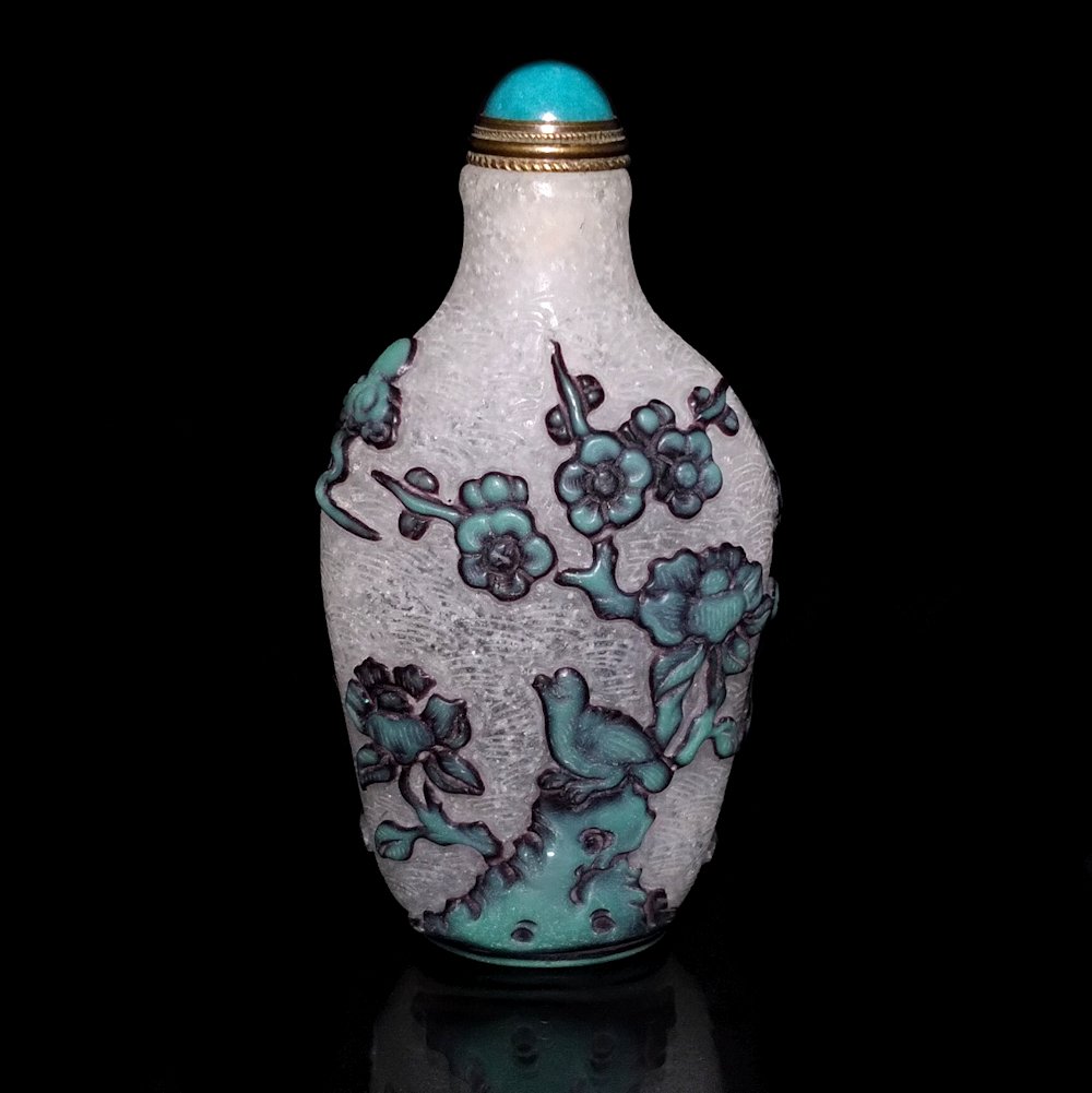 SUPERB CHINESE  CARVED GLASS SNUFF BOTTLE SIGNED BIRDS FLOWERS (1 of 8)