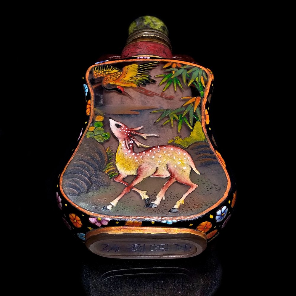 FINE CHINESE ENAMEL ON GLASS SNUFF BOTTLE DEER STORK ROOSTER QIANLONG MARK (1 of 9)