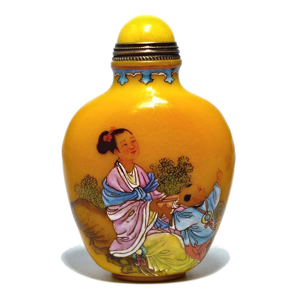 FANTASTIC CHINESE ENAMEL YELLOW GLASS SNUFF BOTTLE LUOHAN QIANLONG MARK (1 of 8)