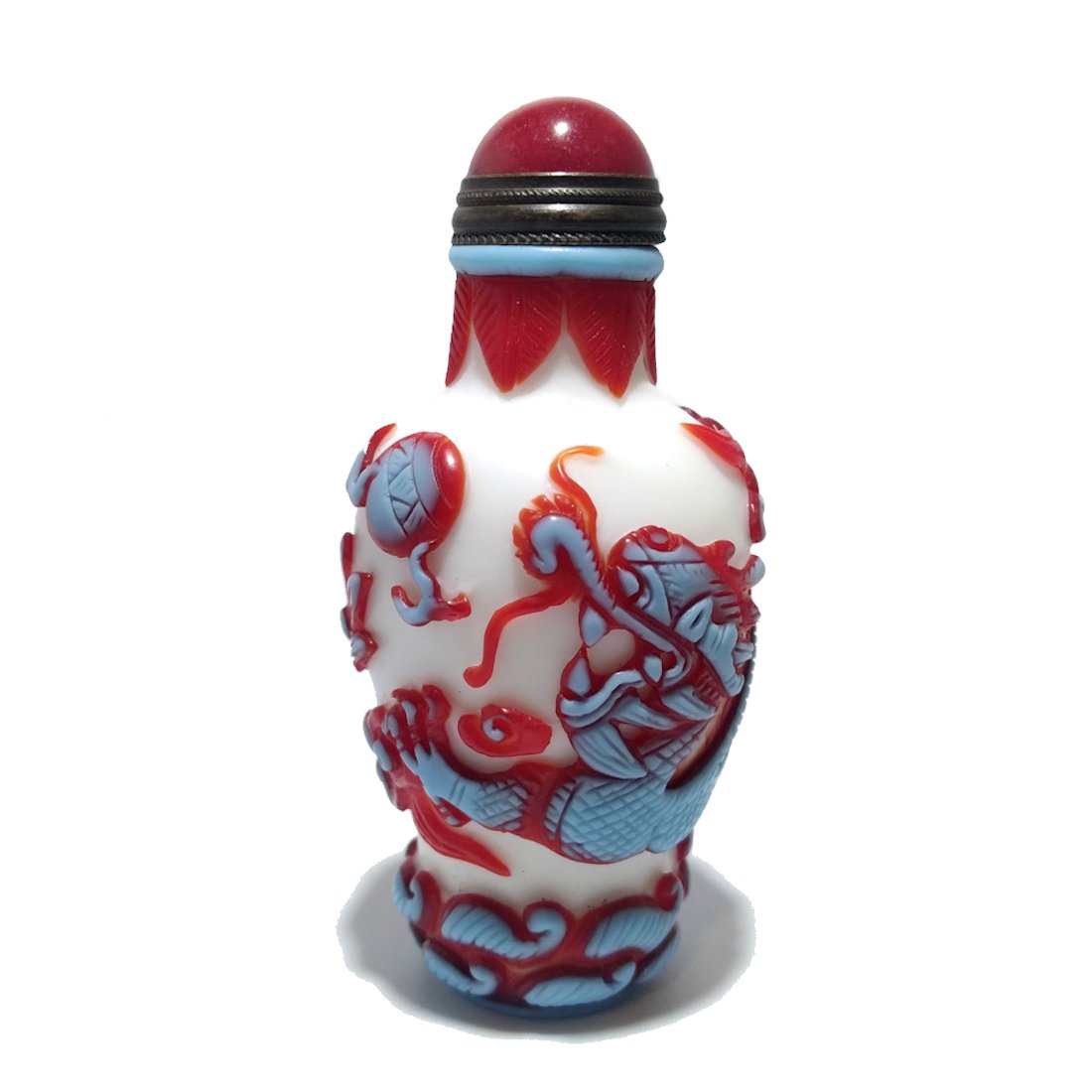 FANTASTIC CHINESE SNUFF BOTTLE DRAGON 4 CLAWS PEKING GLASS (1 of 8)