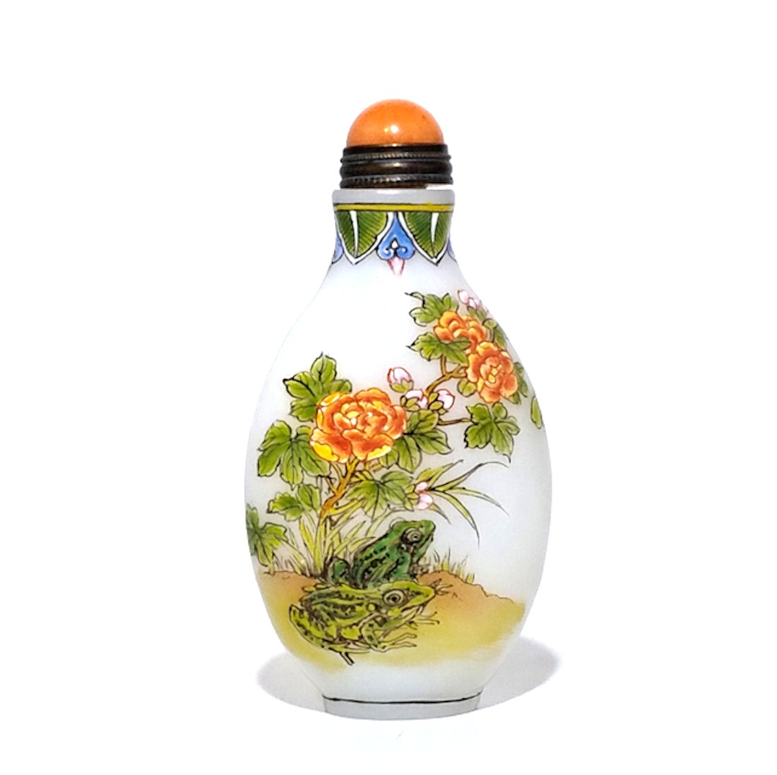 CHINESE SNUFF BOTTLE ENAMEL ON GLASS MANDARIN DUCKS FROG QIANLONG MARK (1 of 6)