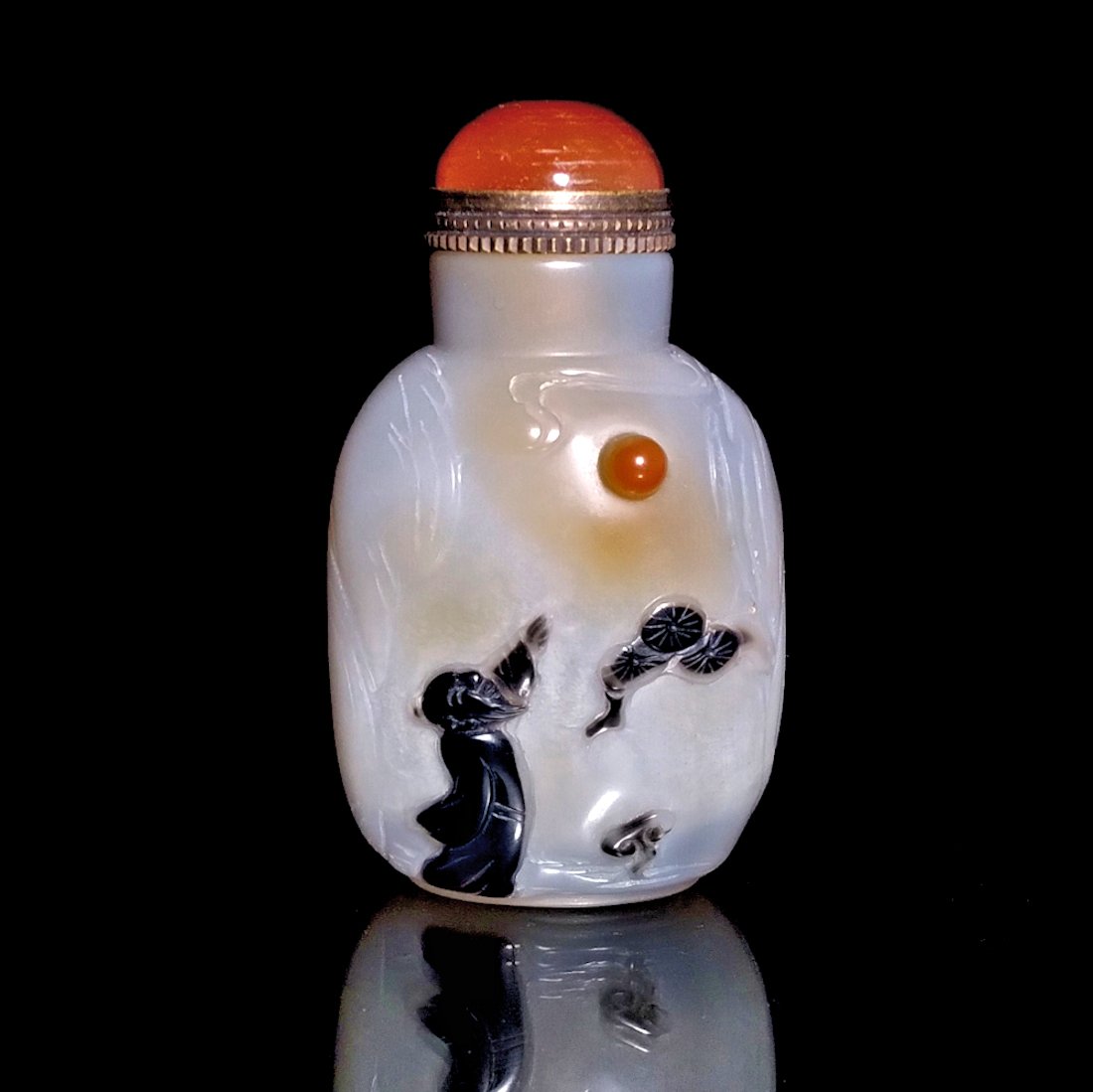 VERY FINE CHINESE CARVED AGATE SNUFF BOTTLE ELDER SUN PRUNUS TREE (1 of 9)