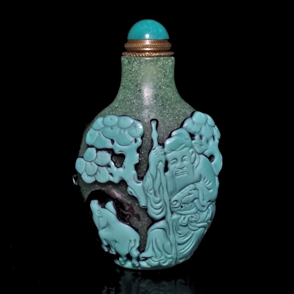 EXQUISITE CHINESE PEKING GLASS SNUFF BOTTLE IMMORTALS CRANE PIGS QIANLONG SEAL (1 of 9)