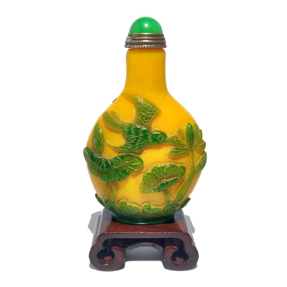 VERY FINE CHINESE YELLOW PEKING GLASS SNUFF BOTTLE BIRDS LOTUS FLOWERS (1 of 9)