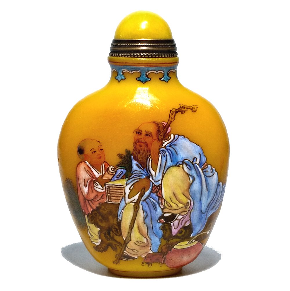 FANTASTIC CHINESE ENAMEL YELLOW GLASS SNUFF BOTTLE LUOHAN QIANLONG MARK (1 of 8)