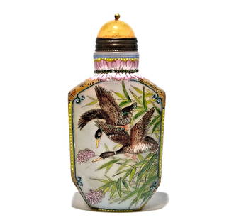 EXQUISITE CHINESE ENAMEL SNUFF BOTTLE DUCKS LANDSCAPE QIANLONG MARK: THE EXQUISITE BOTTLE HAS TWO FRAMED IMAGES OF DUCKS IN THEIR NATURAL HABITAT. THE SHOULDERS HAVE TWO LANDSCAPE SCENES IN SMALL FRAMES. AROUND THAT THERE ARE PATTERNS OF LETTERS, AS IF ON A PAGEFROM A