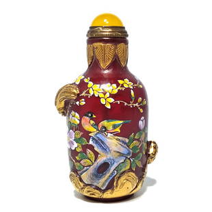 VERY FINE GILDED SCULPTED ENAMELED CHINESE GLASS SNUFF BOTTLE QIANLONG: THE EXQUISITELY ENAMELED BOTTLE IS CARVED AND GILDED AND BEARS A QIANLONG DATE MARK. DUCKS, WATER, ROCKS AND A BIRD ARE FEATURED IN HIGH RELIEF, WITH DETAILED ENAMELING ALL AROUND, ON A DEEP