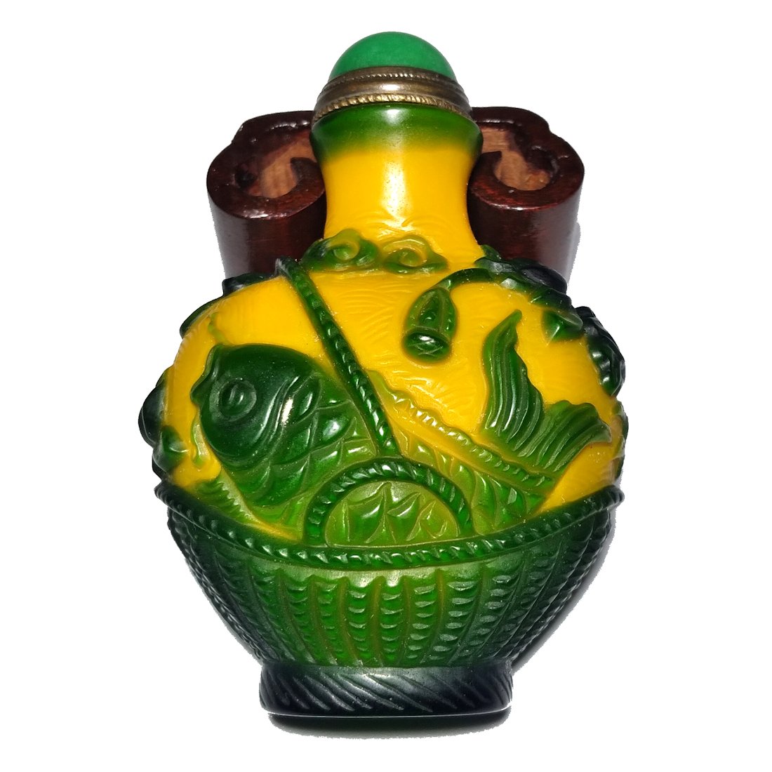 FANTASTIC CHINESE SNUFF BOTTLE YELLOW PEKING GLASS KOI FISH BASKET: THE BEAUTIFULLY CARVED YELLOW GLASS BOTTLE FEATURES A FISH AND LOTUS IN A BASKET. THE YELLOW GROUND IS ETCHED WITH A MINUTE WAVE DESIGN. EVEN THE BOTTOM IS METICULOUSLY CARVED! THE BOTTLE IS 2.75 INCH