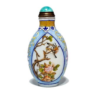 VERY FINE CHINESE ENAMEL SNUFF BOTTLE BIRDS FLORA QIANLONG MARK: THE EXQUISITE BOTTLE IS ENAMELED WITH DETAILED AND DELICATE BIRD AND FLORAL IMAGES OVER MILK GLASS. THE BOTTLE BEARS A QIANLONG 4 CHARACTER MARK. IT IS 3.3 INCHES TALL. STANDS ARE FOR DISPLAY ONLY, NO