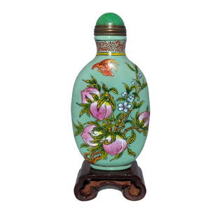 CHINESE PEKING GLASS ENAMEL SNUFF BOTTLE BATS BERGAMOT PEACHES QIANLONG MARK: THE FINE ENAMELED BOTTLE FEATURES BATS, BERGAMOT AND PEACHES ON A TURQUOISE BACKGROUND COLOR. THE BOTTLE BEARS THE QIANLONG MARK. THE FOOT AND MOUTH ARE VERY WELL DEFINED. THE BOTTLE IS 3.4 INCHES