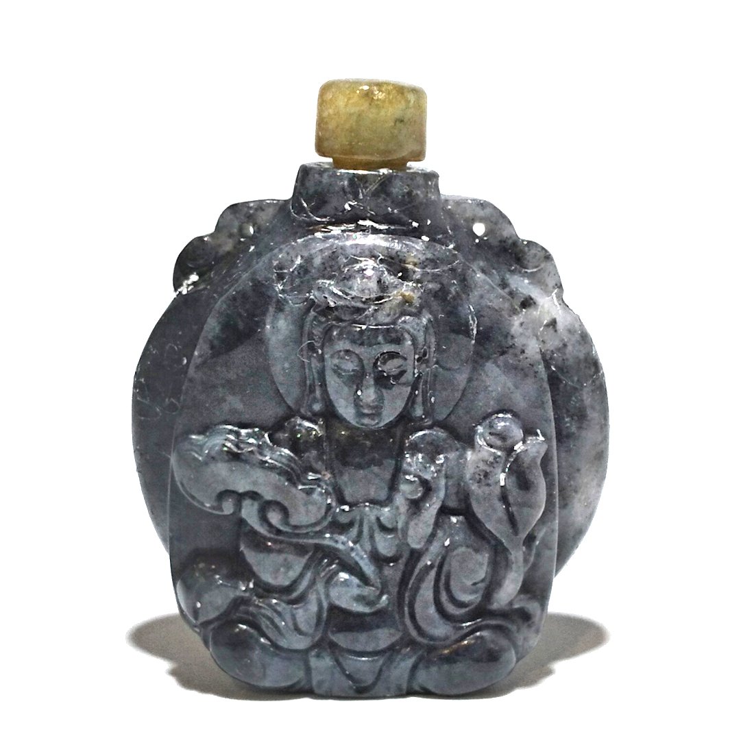 SUPERB NATURAL CARVED JADEITE SNUFF BOTTLE GUANYIN RUYI LOTUS (1 of 6)