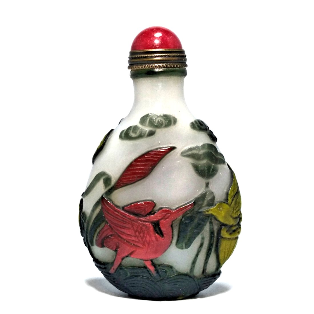 FANTASTIC CHINESE PEKING GLASS SNUFF BOTTLE 4 COLORS BIRDS (1 of 6)