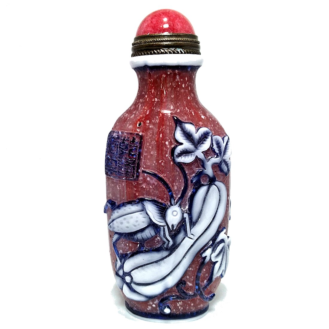 BEAUTIFUL CHINESE CARVED PEKING GLASS SNUFF BOTTLE CRICKET GOURD QIANLONG SEAL (1 of 7)