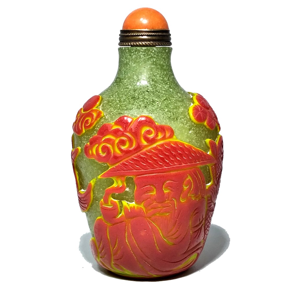 OUTSTANDING CHINESE PEKING GLASS SNUFF BOTTLE FISHERMAN CRANE FISH PINE TREES (1 of 7)