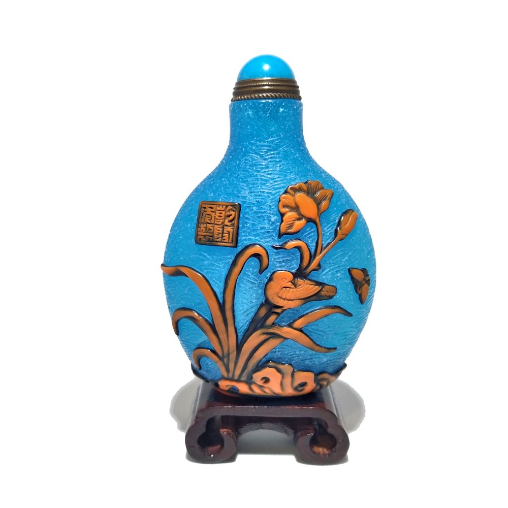 FANTASTIC CHINESE PEKING GLASS SNUFF BOTTLE BUTTERFLIES BIRDS QIANLONG SEAL (1 of 10)