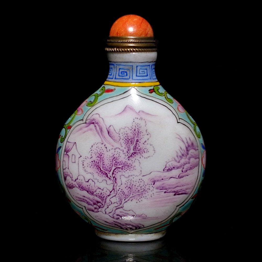 FINE CHINESE ENAMEL PEKING GLASS SNUFF BOTTLE EUROPEAN SUBJECT QIANLONG: THE EXQUISITELY ENAMELED SNUFF BOTTLE FEATURES A EUROPEAN SUBJECT SCENE WITH A CHURCH FEATURED IN THE LANDSCAPE. THE SCENE IS MONOCHROMATIC, PAINTED IN PURPLE. THE SIDES ARE ENAMELED IN FAMILLE ROSE S