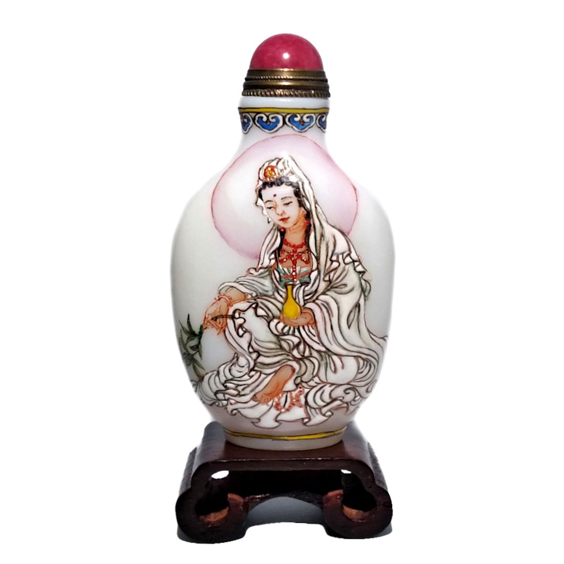 EXQUISITE CHINESE ENAMEL PEKING GLASS SNUFF BOTTLE GUANYIN QIANLONG MARK: THE MILK GLASS BOTTLE IS SO EXQUISITELY ENAMELED, FEATURING GUANYIN WITH GREAT DETAIL. IT IS INSCRIBED AND SIGNED. IT BEARS A QIANLONG MARK. THE BOTTLE IS 3.1 INCHES TALL. STANDS ARE FOR DISPLAY ONLY,
