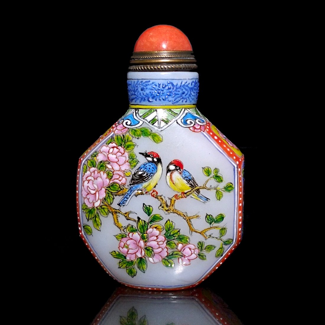 FINE CHINESE ENAMEL ON GLASS SNUFF BOTTLE BIRDS PEONIES YONGZHENG MARK (1 of 8)