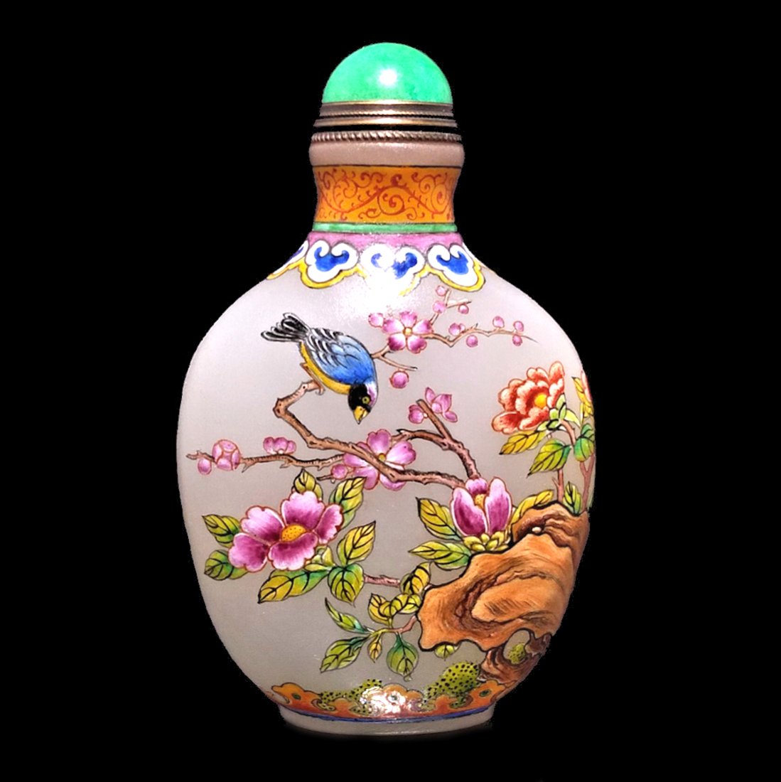 FINE CHINESE ENAMEL GLASS SNUFF BOTTLE  BIRDS FLOWERS QIANLONG MARK (1 of 8)