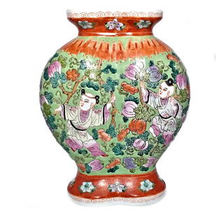 BEAUTIFUL CHINESE ENAMELED PORCELAIN DOUBLE VASE BOYS BATS GOURD PATTERN: THE BEAUTIFULLY ENAMELED PORCELAIN VASE WITH SO MUCH DETAIL. IT IS IN A SHAPE OF A DOUBLE VASE, WITH BOYS PLAYING AMONG THE VINES AND GOURDS. THERE IS A BORDER OF BATS ABOVE THE IMAGE. THERE ARE ALSO