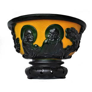 SUPERB CHINESE YELLOW PEKING GLASS BOWL ARHATS QIANLONG SEAL: THE BOWL IN YELLOW PEEKING GLASS WITH GREEN GLASS CARVED OVERLAY, FEATURING ARHATS, PIN TREES AND CLOUDS.THE YELLOW BACKGROUND IS ETCHED WITH A WAVE PATTERN. THE BOWL IS 5 INCHES WIDE AND 2.5 INCHES