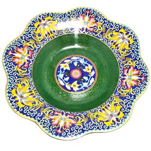 SUPERB ANTIQUE CHINESE LARGE CLOISONNE TAZZA LOTUS 19TH C: THIS EXQUISITELY ENAMELED TAZZA DATES TO THE LATE 19TH CENTURY. IT IS IN EXCELLENT CONDITION. IT IS 10 INCHES WIDE AND 6.25 INCHES TALL. STANDS ARE FOR DISPLAY ONLY, NOT INCLUDED UNLESS OTHERWISE STAT