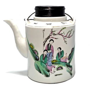 BEAUTIFUL LARGE CHINESE PORCELAIN TEAPOT LADIES INSCRIBED: THE LARGE TEAPOT IS HANDPAINTED WITH LADIES AND A TREE. IT IS ALSO INSCRIBED. A WOOD COVER REPLACED THE ORIGINAL COVER. THE POT WITH THE COVER IS 7 INCHES TALL. STANDS ARE FOR DISPLAY ONLY, NOT