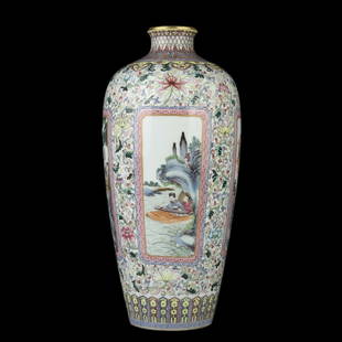 VERY FINE CHINESE ENAMELED FAMILLE ROSE VASE QIANLONG MARK: THE VERY FINE VASE FEATURES FOUR FINELY PAINTED SCENES WITHIN DELICATE FRAMES. THE BACKGROUND IS DECORATED IN FAMILLE ROSE STYLE WITH EXQUISITE ENAMELING IN PASTEL COLORS. THE VASE BEARS THE