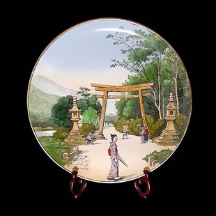 BEAUTIFUL ANTIQUE JAPANESE CHARGER HAND PAINTED ASIAN THEME VILLEROY & BOCH: THIS BEAUTIFUL PORCELAIN CHARGER/PLATE OF A JAPANESE MAIDEN WALKING IN THE GARDEN SCENIC VIEW BY VILLEROY AND BOCH IS POSSIBLY ABOUT 125 YEARS OLD. THE HAND PAINTED SCENE IS GORGEOUS. IT MEASURES:12-1