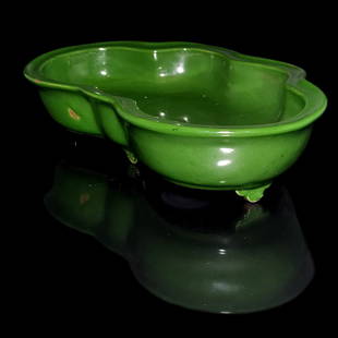 BEAUTIFUL LARGE CHINESE BRUSH WASHER GREEN GLAZED BUTTERFLY SHAPED: THE LARGE BUTTERFLY SHAPED FOOTED BRUSH WASHER IS 10 INCHES LONG AND 5.5 INCHES WIDE. STANDS ARE FOR DISPLAY ONLY, NOT INCLUDED UNLESS OTHERWISE STATED. PROPERTY OF A FLORIDA COLLECTOR. WE PROVIDE IN-