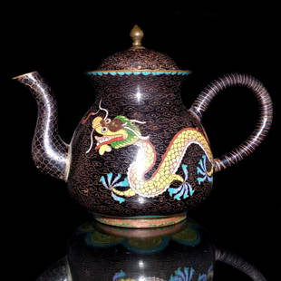 EXQUISITE ANTIQUE CHINESE CLOISONNE ENAMEL TEAPOT IMPERIAL DRAGONS: THE BEAUTIFUL OLD TEAPOT FEATURES TWO IMPERIAL DRAGONS CHASING A PEARL. THE TEAPOT HAS PATINA AND GENTLE WEAR FROM AGE AND USE. SOME ENAMEL LOSS UNDER THE COVER. IT IS 5.5 INCHES TALL. STANDS ARE FOR