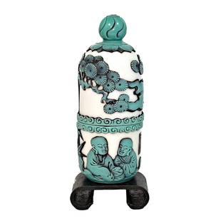 FINE CHINESE PEKING GLASS SNUFF BOTTLE ELDERS TREE DOME COVER QIANLONG SEAL: THE BEAUTIFULLY CARVED BOTTLE FEATURES ELDERS AND TREE IN 3 LAYERS OF GLASS. THE BOTTLE HAS A DOMED COVER AS WELL. IT BEARS A QIANLONG DATE SEAL. HEIGHT OF BOTTLE WITH DOME COVER IS 4 INCHES. STANDS A